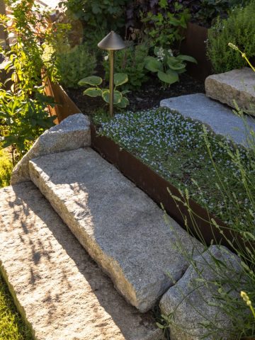 granite steps with corten steel and bluestar creeper