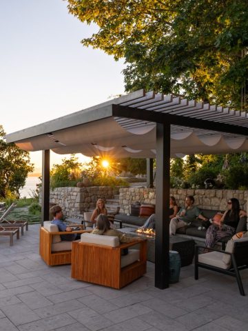 pergola for outdoor lounging and fire pit