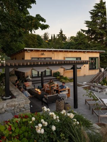 outdoor pergola with shades and fire pit